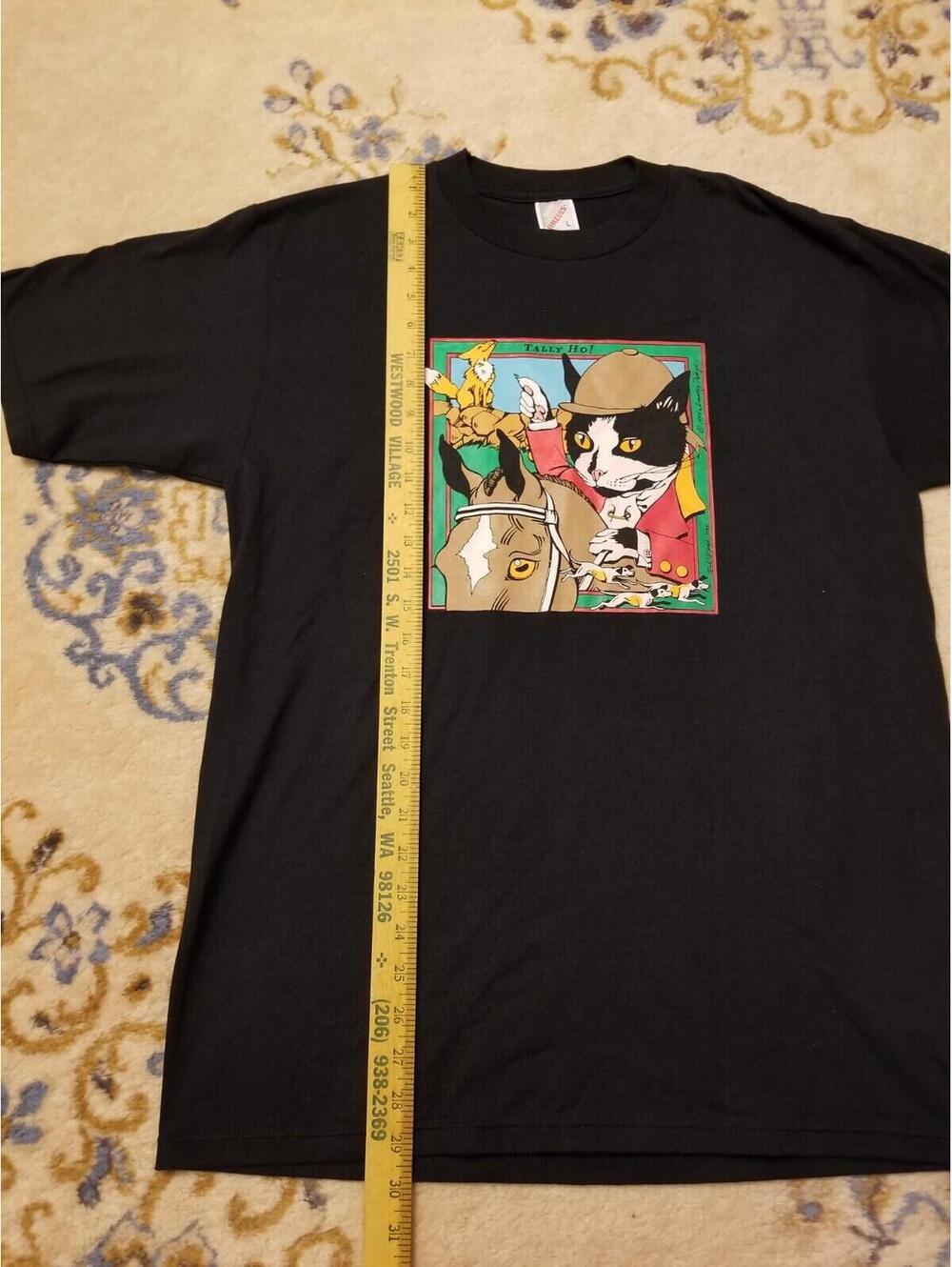 Rare Vtg 90s Tally Ho! Puss Boots Cat Horse Riding Portrait Shirt Black Mens L - Picture 5 of 7